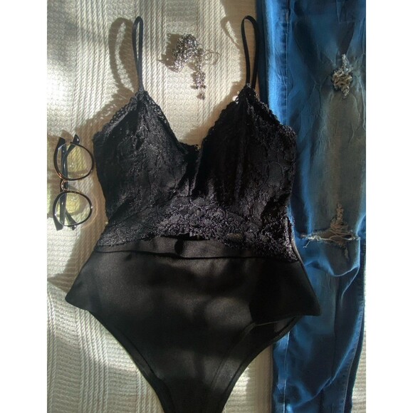 orange kiss black lace medium bodysuit onesie w/ zipper + adjustable straps NWOT - Picture 1 of 9